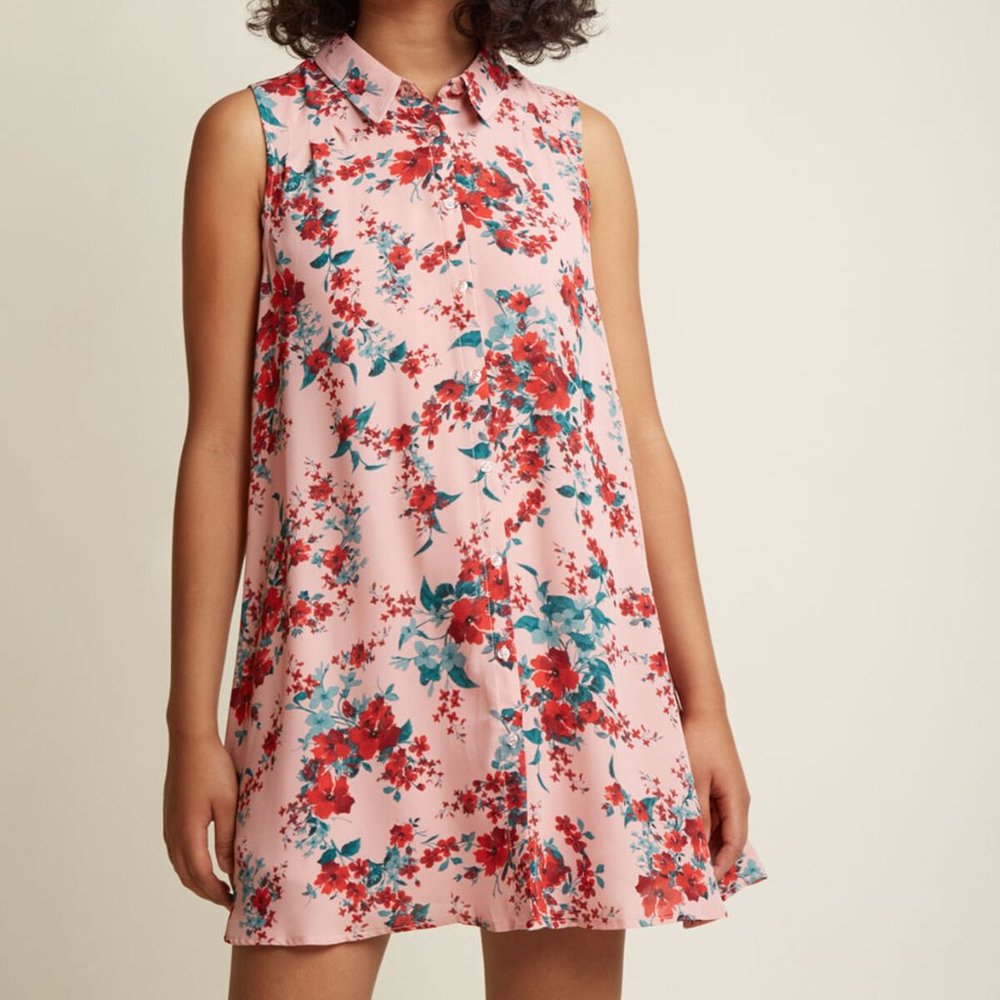 NWT–Modcloth Pink Floral Collared Shirt Dress